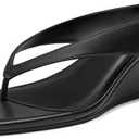 Athlefit Women's Low Wedge Sandals Trendy Dressy Square Open Toe Summer Beach Flip Flops Thong Heeled Sandals 5.5 Size