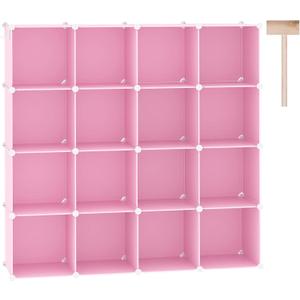 C&AHOME Cube Storage Organizer, 16-Cube Shelves Units, Plastic Storage Cubes, DIY Closet Organizer, Modular Closet Storage Shelves Ideal for Home, Bedroom, 48.4" L  12.4" W  48.4" H Pink UPCS16P