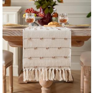 Caflife Boho Table Runner 48 Inchs Long for Modern Farmhouse Room Home Decor, Taupe and Beige Coffee Table Runner, Natural Cotton Woven with Tassels Neutral, for Kitchen Dining Table Decor (13x48Inch, Taupe Beige)