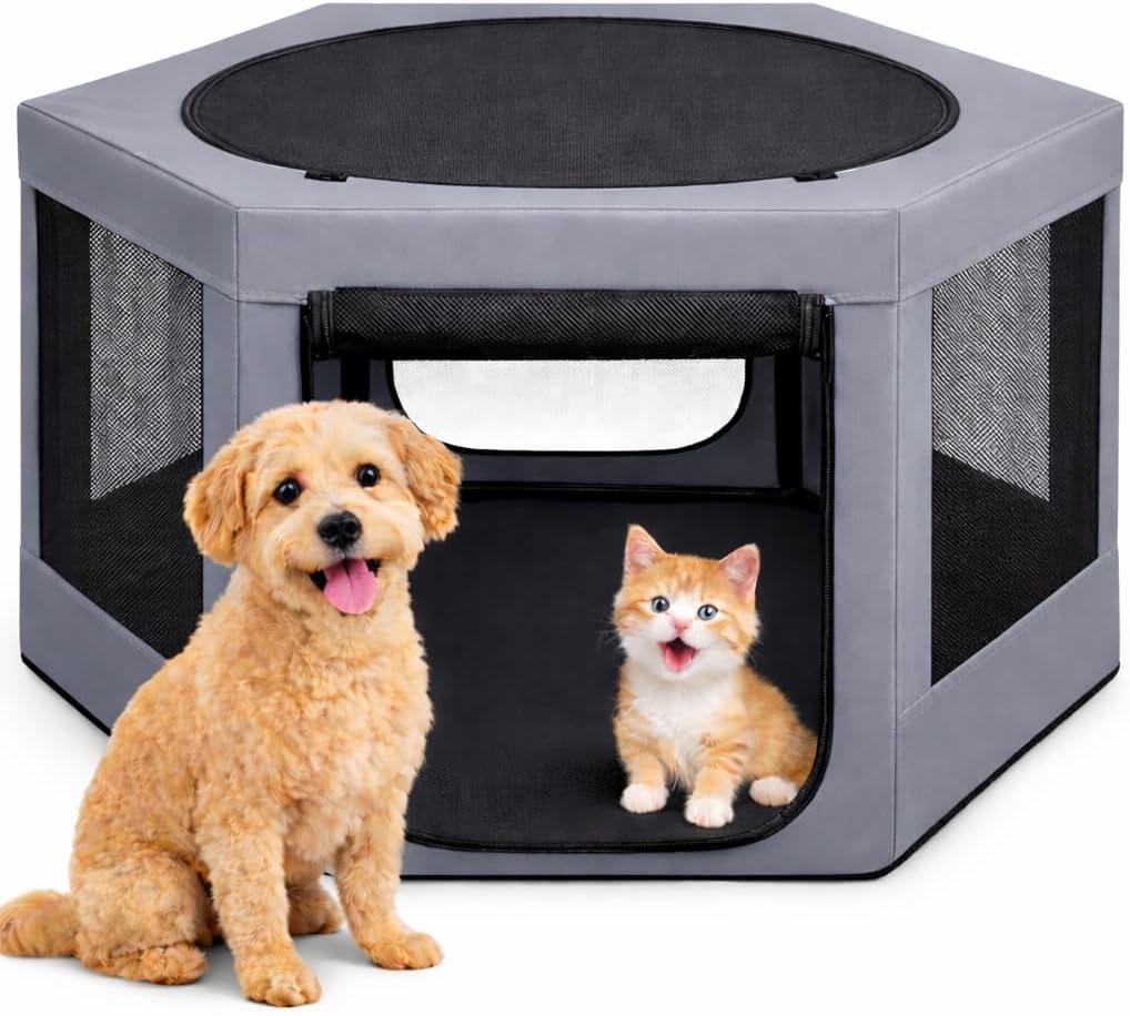 Pet Playpen with Top - Perfect for Puppies & Small Dogs - Indoor and Outdoor Puppy & Dog Covered Play Pen - Features 2 Doors for Easy in and Out Access