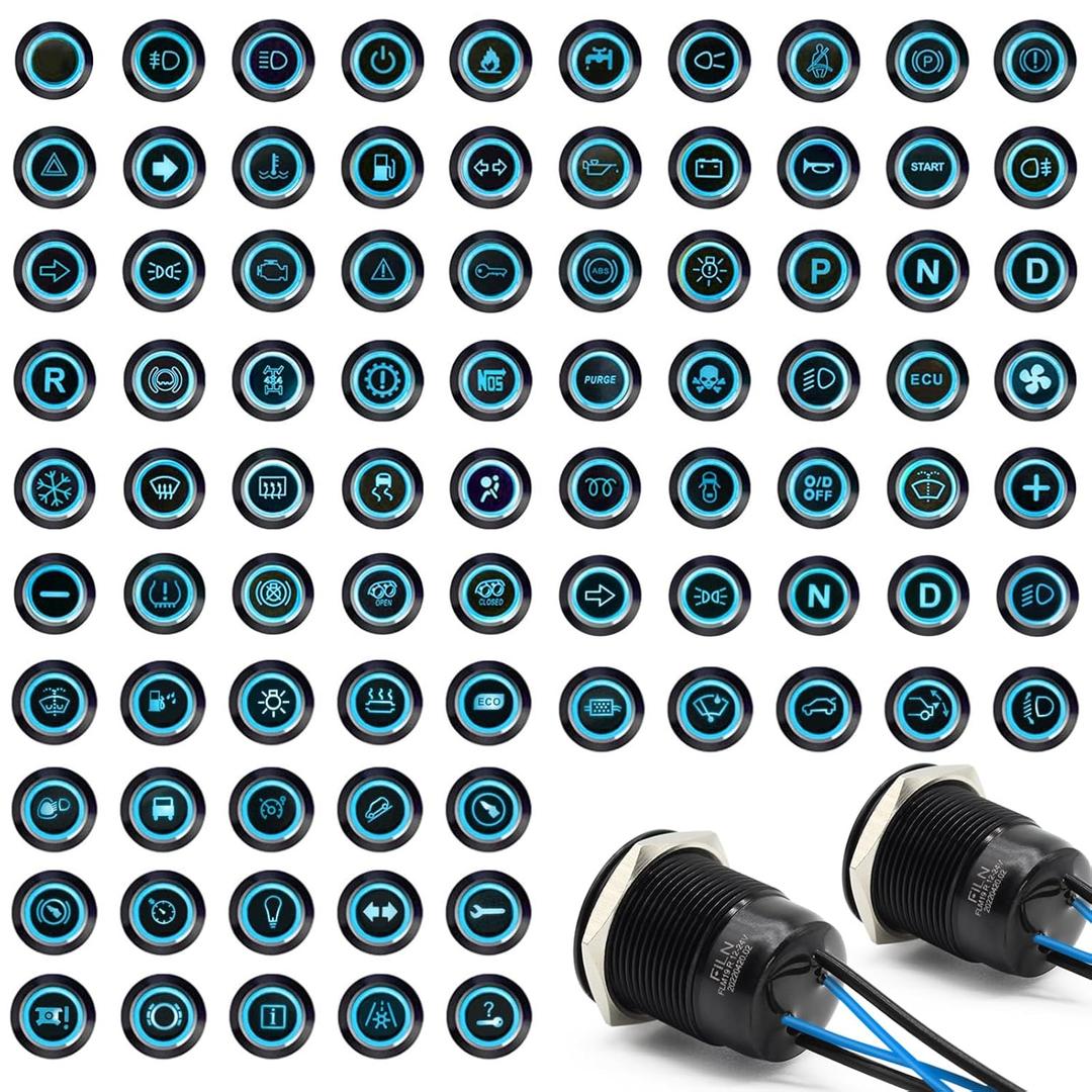 2PCS Latching Push Button Switch Power Button 12v 24v Switch 19mm 3/4'' Includes 180x Replacemnt Symbols 5A IP67 Waterproof Switches for Cars Boat Panel Mounting (Black Plated Blue)