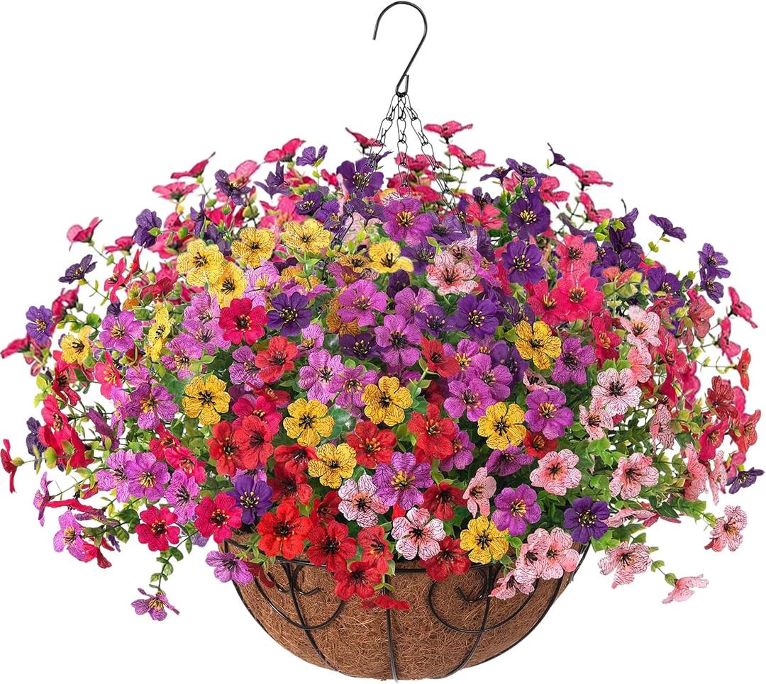 HyeFlora Artificial Fake Hanging Plants Flowers with Basket Outdoor Decor Faux Silk Dasiy Flower Arrangements in Pot Planter for Porch Home Indoor Patio Garden Yard Decoration