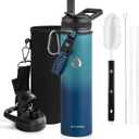 Insulated Water Bottle 24oz, Triple Wall Vacuum Stainless Steel (Cold for 48 Hrs, Hot for 24Hrs), Leak Proof & Non-BPA, 24oz Hydro Water Flask with Paracord Handle & Straw Spout Lids Cyan Blue)
