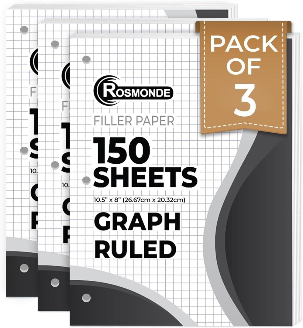 Rosmonde Graph Paper 3 Pack, 450 Sheets, 4x4 Grid Paper, 8" x 10.5", 3 Hole Punched, Notebook Paper, 54 GSM Thick Graphing Paper, Quad Ruled Graph Paper, Loose Leaf Paper, Back to School Supplies
