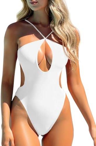 Saodimallsu Womens Sexy One Piece Bathing Suit Plunge Neck Cut Out Backless Criss Cross High Waisted Swimsuit Size L, White