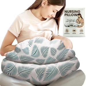 PILLANI Nursing Pillow for Breastfeeding, Breast Feeding Must Haves, Baby Pillow, Breast Feeding Pillow for Mom & Baby, Removable Cotton Cover, Adjustable Waist Strap, Breastfeeding Essentials Newborn (Feather Leaves)