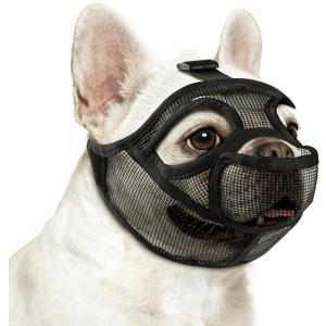 French Bulldog Muzzle, Soft Mesh Short Snout Muzzle with Mouth Opening & Enlarged Eye Holes, Allows Panting, Drinking & Feeding, Prevents Biting for Shih Tzu Pug English Bulldog(L,Black)
