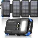 Solar Power Bank 45800mAh with 4 Panels, Portable Solar Charger with Build-in 3 Cables for iPhone, USB C in/Output 15W Fast Charging External Battery Pack with Flashlight & Camping Light (Blue)