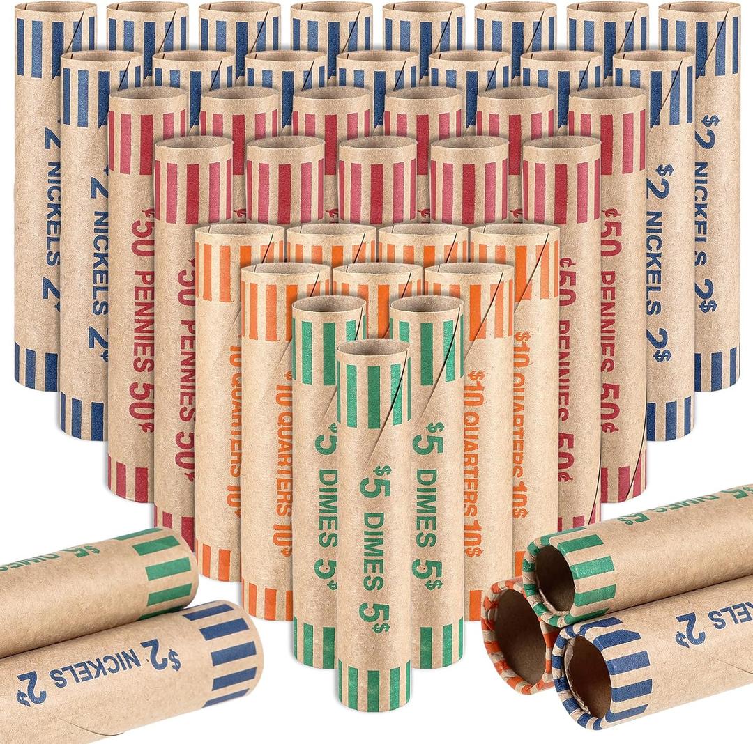 512 Pieces Assorted Coin Wrappers Rolls Preformed Coin Wrappers Coin Rollers Coin Paper Rolls Coin Wrapping Tubes Includes 128 Quarters, 128 Pennies, 128 Nickels and 128 Dimes for Bank and Office
