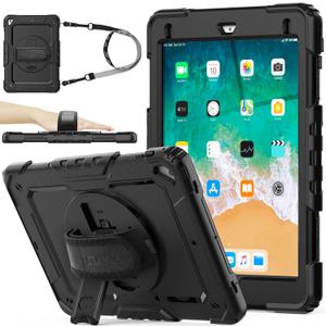 SEYMAC stock Case for iPad 6th / 5th Generation Case/Air 2 / Pro 9.7 inch, Heavy Duty Protective with Screen Protector, with Pencil Holder, Hand Strap, Shoulder Strap, 360 Rotate Stand, Black