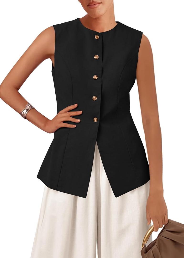 KIRUNDO Blazer Vest for Women Trendy 2025 Dressy Business Casual Summer Button Down Sleeveless Work Suit Waistcoat Tops (X-Large, Black)