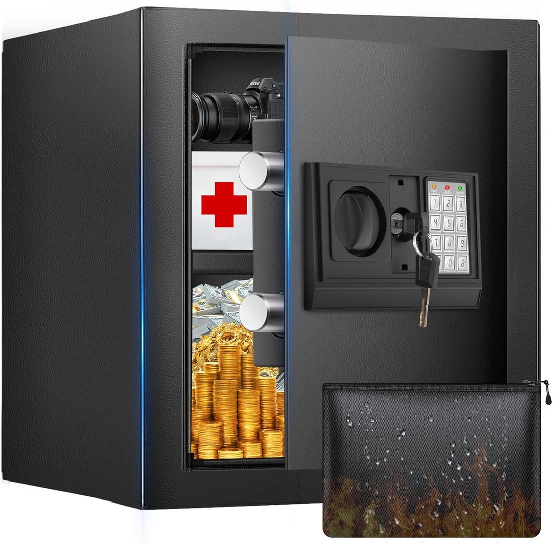 1.6 Cuft Safe Box, Home Safe with Fireproof Waterproof Bag, Anti-Theft Digital Security Lock Box with Smart Alert System, Removable Shelf, Mute Function, Personal Document Safes for Money Jewelry