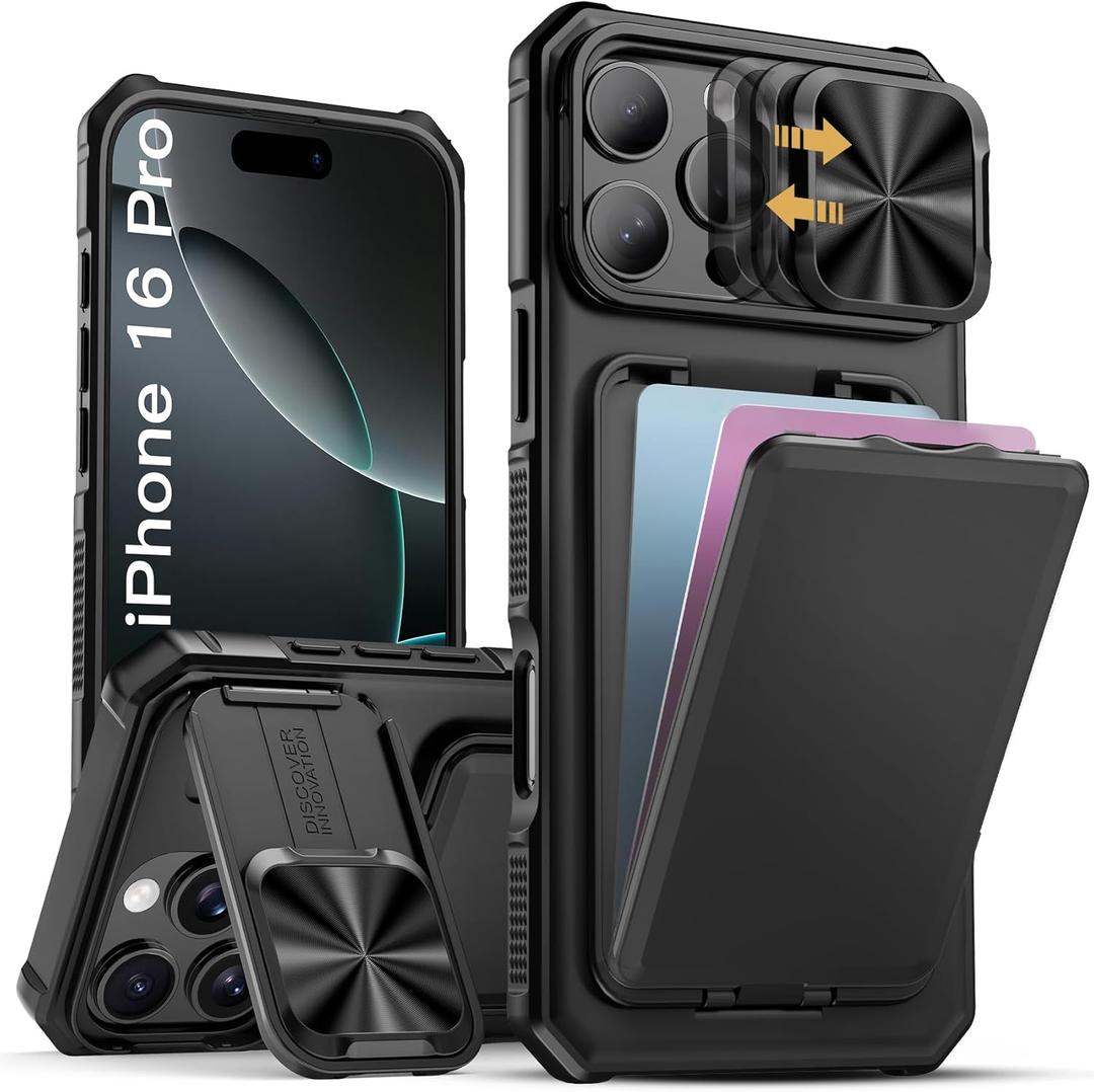 SSLOTSCASE for iPhone 16 Pro Case with Card Holder & Kickstand & Slide Camera Lens Cover, Silicone Edge Rugged Shockproof Protective Phone Case Cover for iPhone 16 Pro 6.3'' 2024, Black