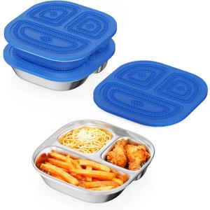3 Pack Snack Containers,Lunch Box Containers,Food Grade Metal Base with a BPA Free Leakproof & Airtight Silicone Lid,Reusable Airtight Bento lunch Boxes, Kitchen Storage, Freezer (3 color) (Blue)