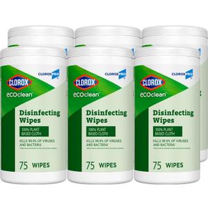 CloroxPro Clorox EcoClean Disinfecting Wipes, Multipurpose 100% Plant Based Cleaning Cloths, Antibacterial Disinfectant, Safe for Multi Surface Use, 75 Count (Pack of 6)