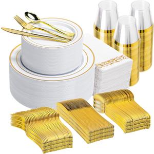 N9R 700PCS Gold Disposable Dinnerware Set for 100 Guests, White Plastic Plates with Gold Rim, Include 100 Dinner & Dessert Plates, Plastic Silverware Set, Cups, Napkins for Party and Wedding