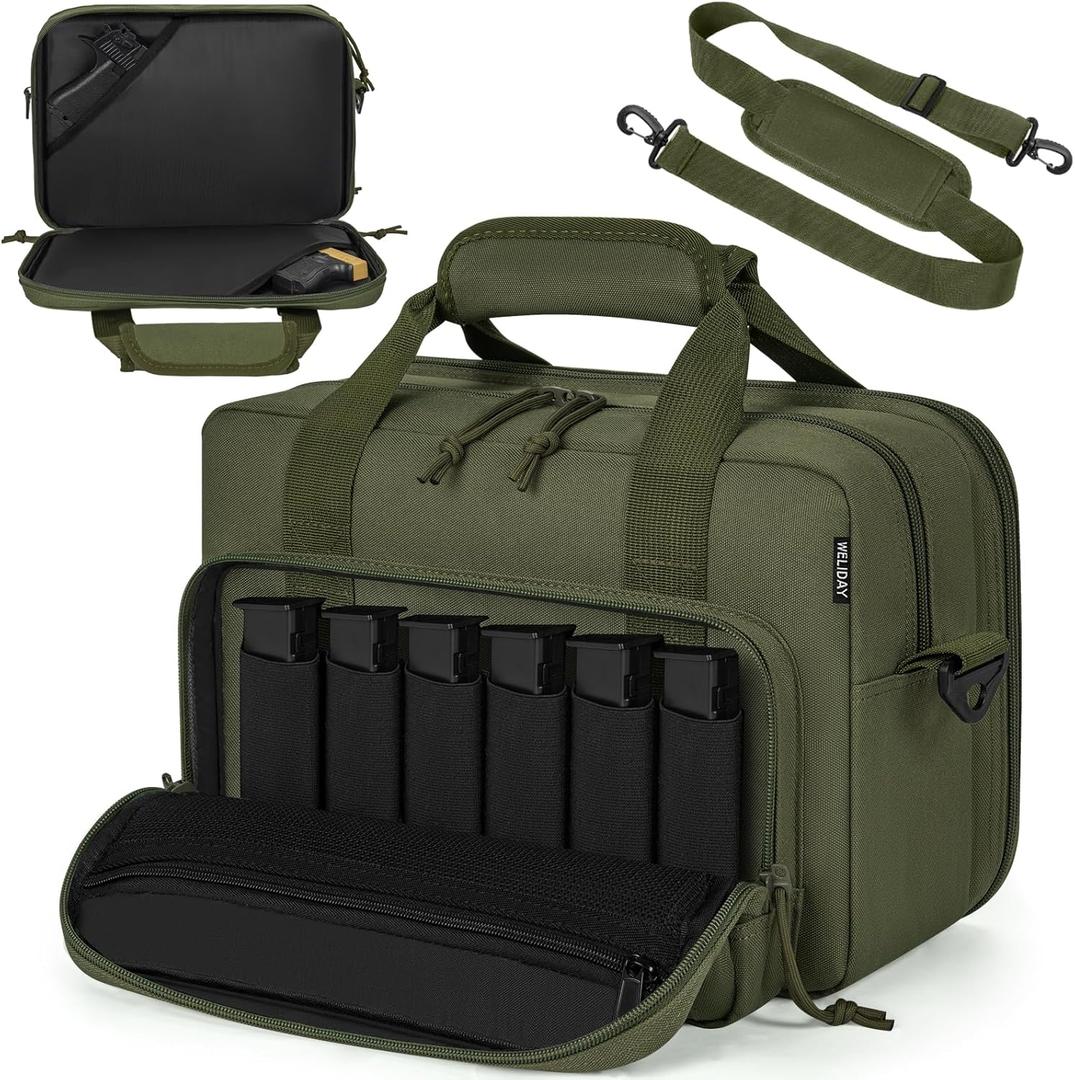Tactical Gun Range Bag, Pistol Carrying Bag for 2 Handguns and Ammo, Firearm Shooting Case with 6 Magazine Slots and Lockable Zipper for Shooting Range & Outdoor Hunting, Army Green, Comes With Brand Patch