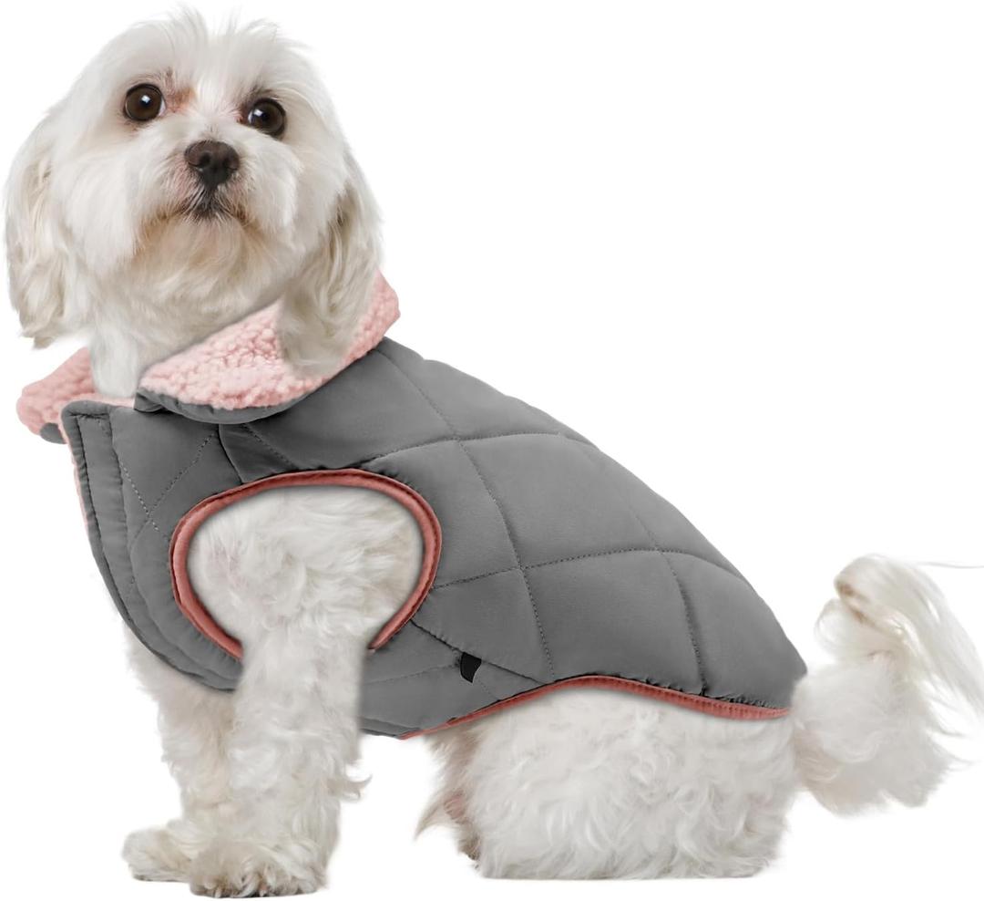 EMUST Reversible Cotton Padded Dog Puffer Vest - Warm Snow Coat for Small/Medium Puppies & Girls, Indoor Outdoor Winter Outfit, Pink, L