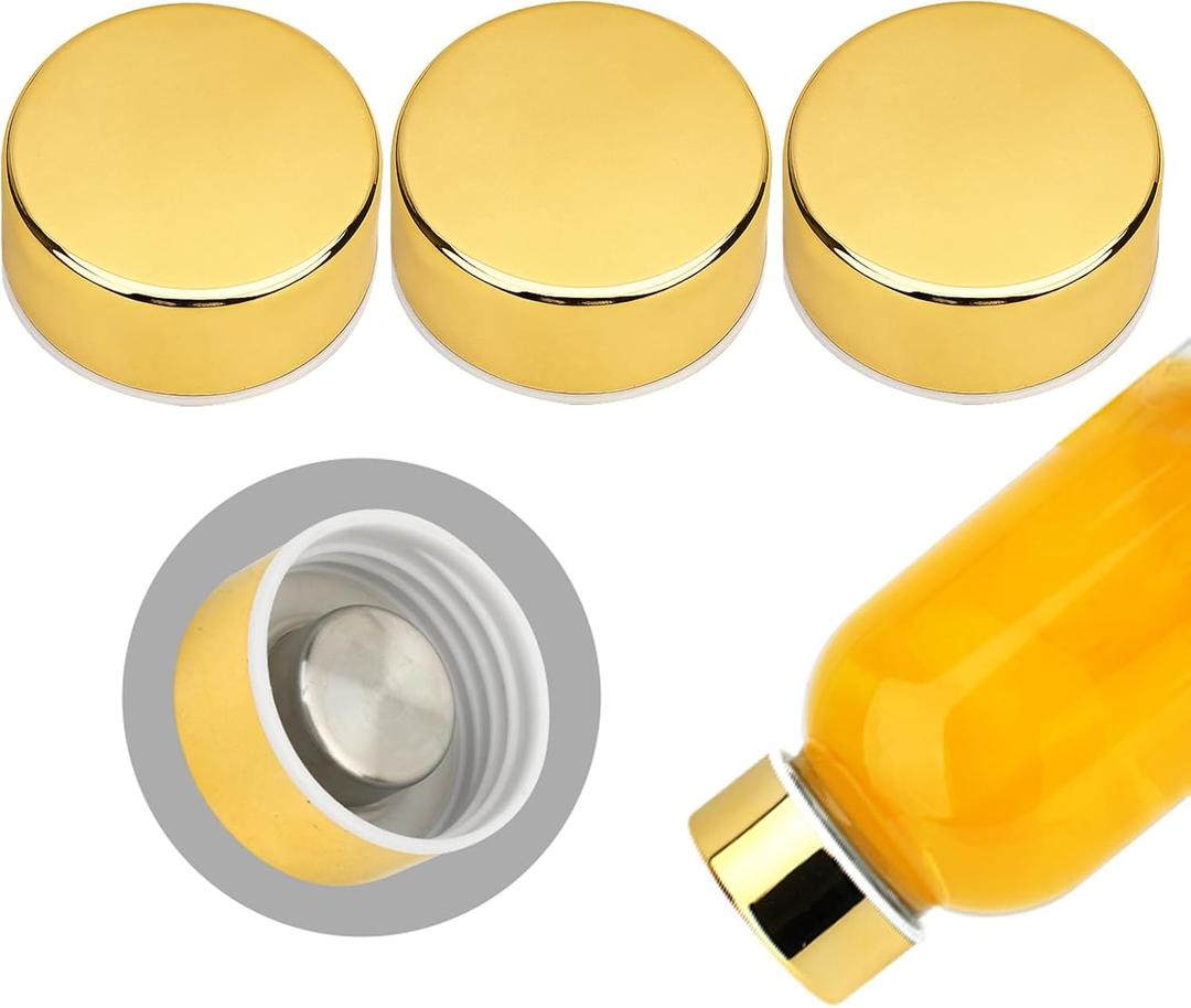 Zukro Replacement Metal Lids for Luxfuel/Brieftons/Sursip 10oz/16oz/18oz/24oz Glass Water Bottles, Stainless Steel Cap Fits For Bottles With Mouth Opening 1.49 Inch, Leak-Proof, Set of 3 Gold