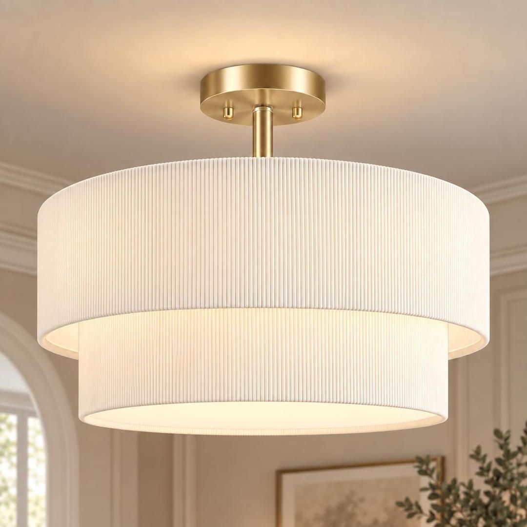 BoostArea 2-Tier Corduroy Semi Flush Mount Ceiling Light, 16.5'' Gold Drum Ceiling Fixture with Beige Fabric Shade, Soft Ambient Glow Close to Ceiling Lamp for Bedroom/Dining Room/Entryway/Low Ceiling