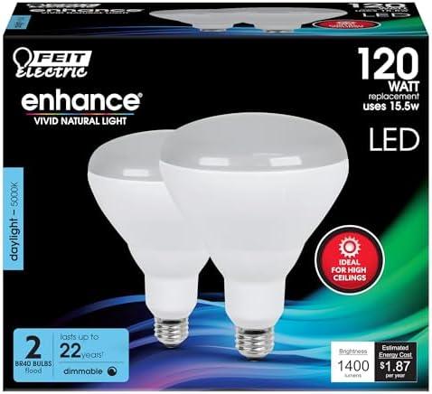 Feit Electric BR40 LED Light Bulbs, 120W Equivalent, Dimmable, E26 Medium Base, 1400 Lumens, 5000K Daylight, 90 CRI, 15.5-Watt Home Recessed Can Light Bulb, 22-Year Lifetime, BR40DMHO/950CA/2, 2 Pack, Bright White