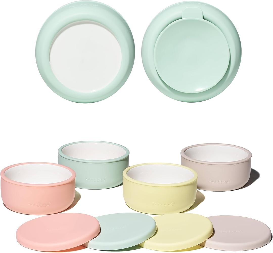 Pandaloo Porcelain Kids Bowls with Removable Silicone Sleeve & Lid Strong Suction Base, Microwave & Dishwasher Safe, Toddler-Proof, Non-Slip Ceramic Feeding Bowls for Babies & Toddlers (Set of 4)