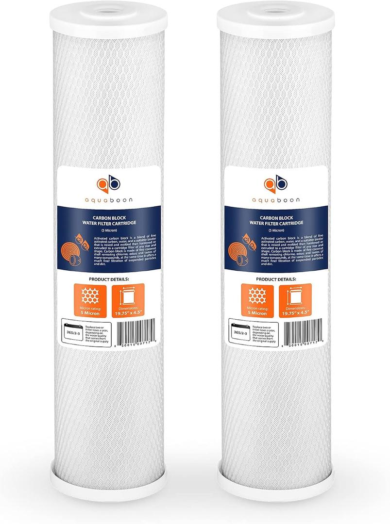 Aquaboon 4,5 x 20 inch Carbon Filter Cartridge - 5 Micron Coconut Shell CTO Big Blue Filter - Whole House Well Water Filtration - Matches DB20P, CTO20BB, Pentek FLOPLUS-20BB, 155312-43 (2 Pack)