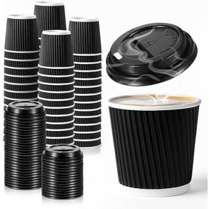 80 Set 4oz Disposable Espresso Cups with Lids, Black Ripple Corrugated Paper Disposable Mini Espresso Paper Cups Hot/Cold Drinking Insulated Hot for Party Picnic Travel Events Chocolate Tea Drinks