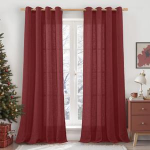 LAMIT Burgundy Red Sheer Linen Curtains 84 inch Length, Light Filtering Semi Sheer Panels Linen Textured Bronze Grommet Christmas Drapes for Living Room/Bedroom, 2 Panels, 52 x 84 Inch