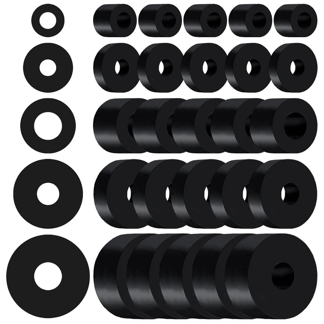 30 PCS Rubber Spacer 5 Sizes Black Non-Slip Thick Grommets Vibration Isolation Round Rubber Flat Washers Spacers Washers for Home and Car Accessories