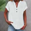 Linen Shirts for Women V Neck Button Down Blouse Short Sleeve Office Work Tops Vintage Vacation Tees Shirt Blouse Tops (White, XXL)