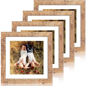 iRahmen 10x10 Picture Frame Set of 4 with Real Glass, Rustic Brown Frames Display 8x8 Picture with Mat or 10 x 10 Without Mat, Wooden Square Photo Frame for Wall Mount and Tabletop Display