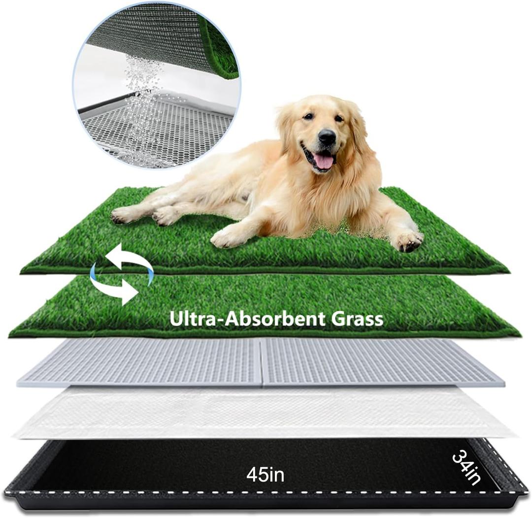 HQ4US 4LEGS Dog Grass Pad with Tray, Dog Litter Box with Odor Free Artificial Grass Pee Pads for Dogs Potty Tray with Hemmed Edge, Realistic for Indoor Balcony, Size: XL - 45" x 34" for Dog＜ 38'' Length