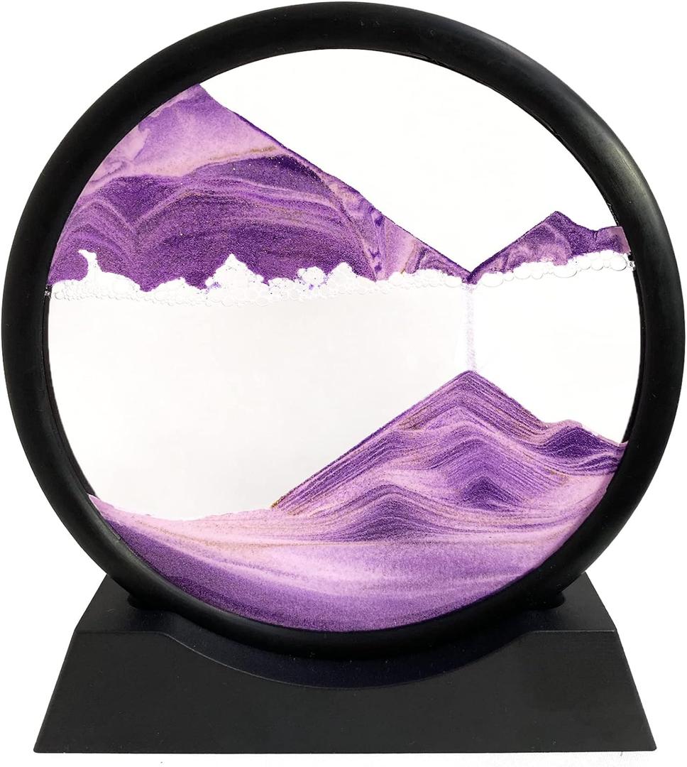 Moving Sand Art Liquid Motion - Moving Sand Art Picture Decor 3D Deep Sea Sandscape, Round Glass Frame Display Flowing Sand Relaxing Toy for Desktop Home Office Work Decoration(Purple, 7")