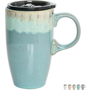 Bosmarlin Ceramic Travel Coffee Mug with Handle and Lid, 18 oz, Portable Coffee Cup for Car Cup Holder, Microwave and Dishwasher Safe, Reactive Glaze (Peacock Blue)