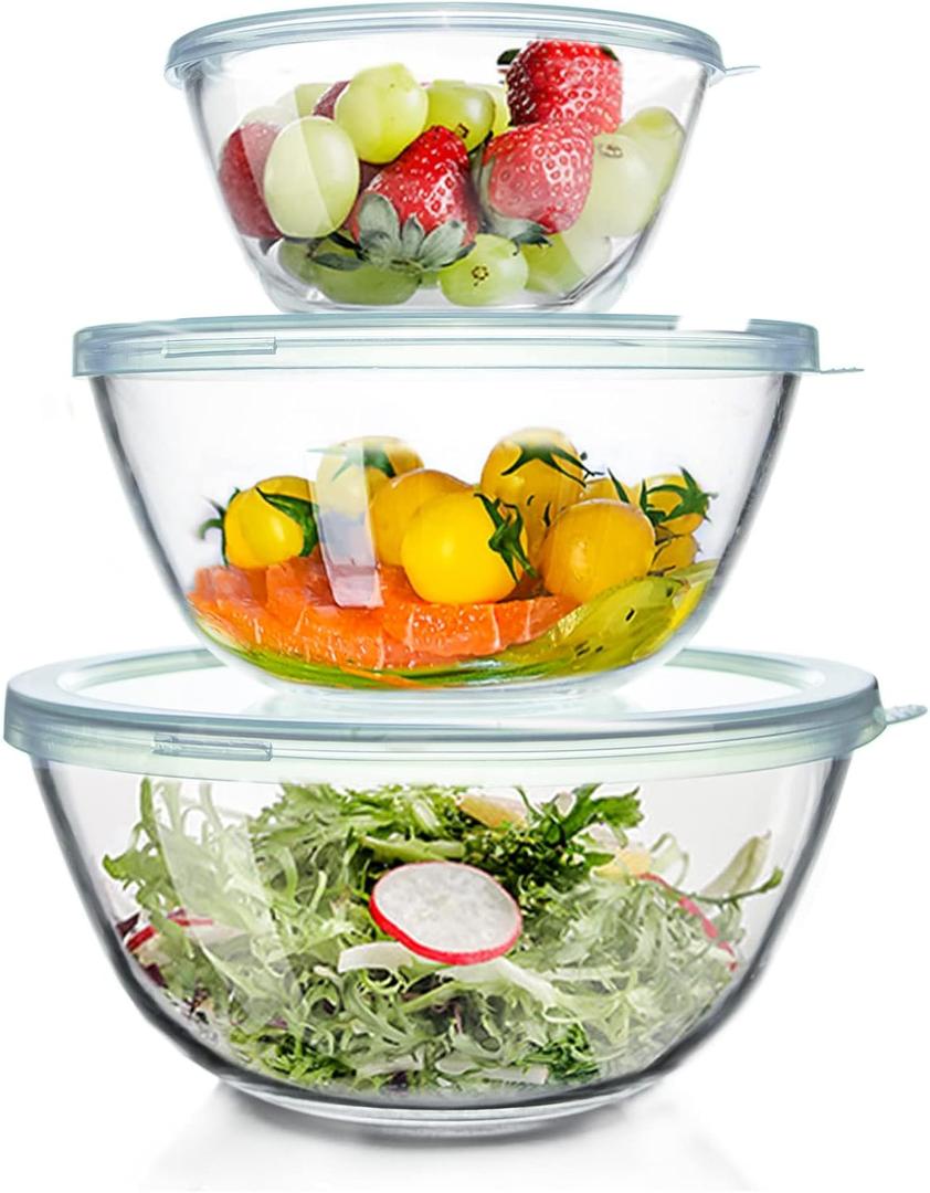 WhiteRhino Glass Mixing Bowls Glass Bowls with Lids Set(4.5QT, 2.7QT, 1.1QT), Large Salad Bowls, glass mixing bowl Space-Saving Nesting Storage bowls for Cooking, Baking, Prepping, Dishwasher Safe