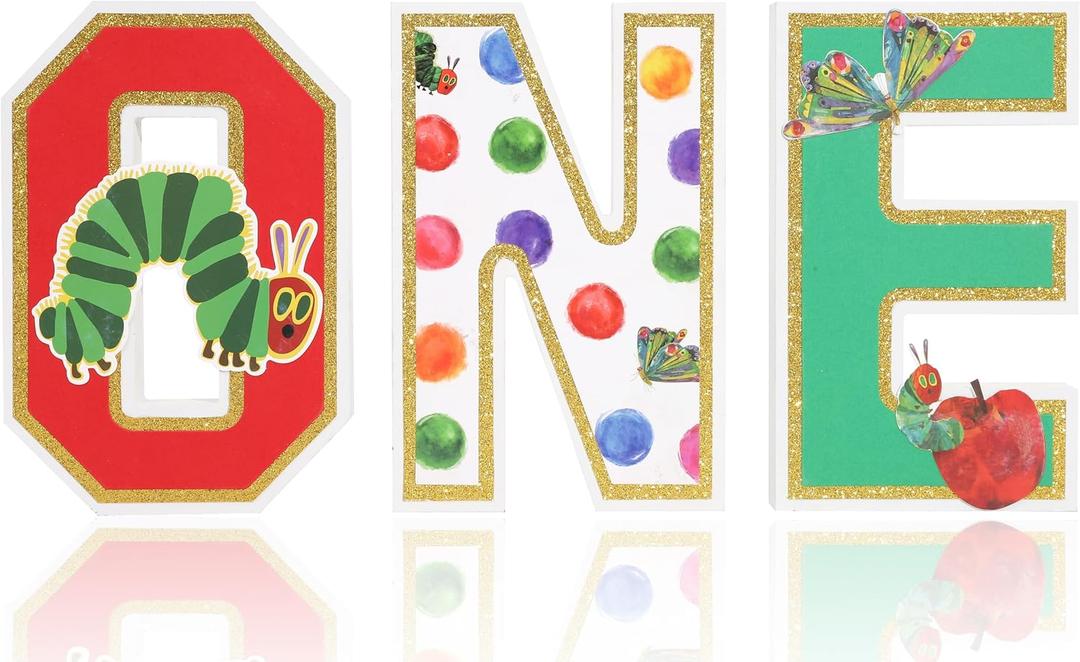 The Very Hungry Caterpillar ONE Sign- First Birthday Decorations For Boy Girl,Gold Glitter Apple Party Decor, 3D Standing Letters,Caterpillar Highchair Banner Photo Backdrop,Fruit 1st Year Baby Shower