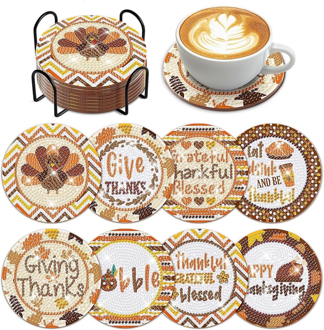 8 Pcs Thanksgiving Day Fall Diamond Coasters Kits with Holder DIY Thanksgiving Day Diamond Art Coaster for Adults Thanksgiving Fall Gift