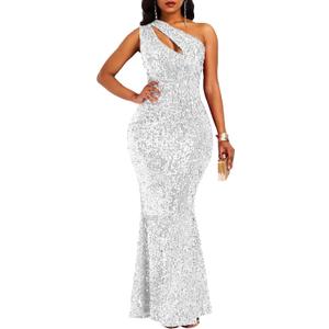 VERWIN Sequins Fashion Sleeveless Oblique Collar Mermaid Women's Maxi Dress Bodycon Dress Party Dress (XX-Large, White)