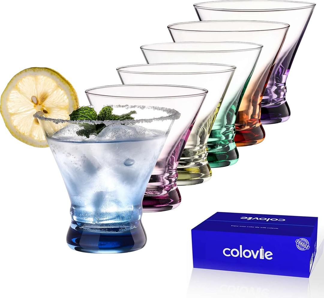 ColoVie Martini Glasses Set of 6 - Cocktail Glasses - 8oz Stemless Margarita, Bar, Dessert Glass - Colored Liquor Drinking Glassware - Cosmo, Manhattan, Espresso Martini - Cocktail Party Gift for Her