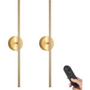 Battery Operated Wall Sconces with Remote Control, Dimmable Wall Sconces Set of Two, 350Rotate, 3000K LED Gold Wireless Wall Light for Living Room, Bedroom, Hallway, 28.3 Inch (2 Pack)