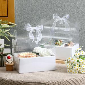 Honeydak 10 Kit 4 Inch Cake and Flower Clear Boxes, Portable Clear Gift Box for Cake and Flower Pack Together, Transparent Gift Packaging with Ribbon, Suitable Wedding Holiday Party Favors(White)