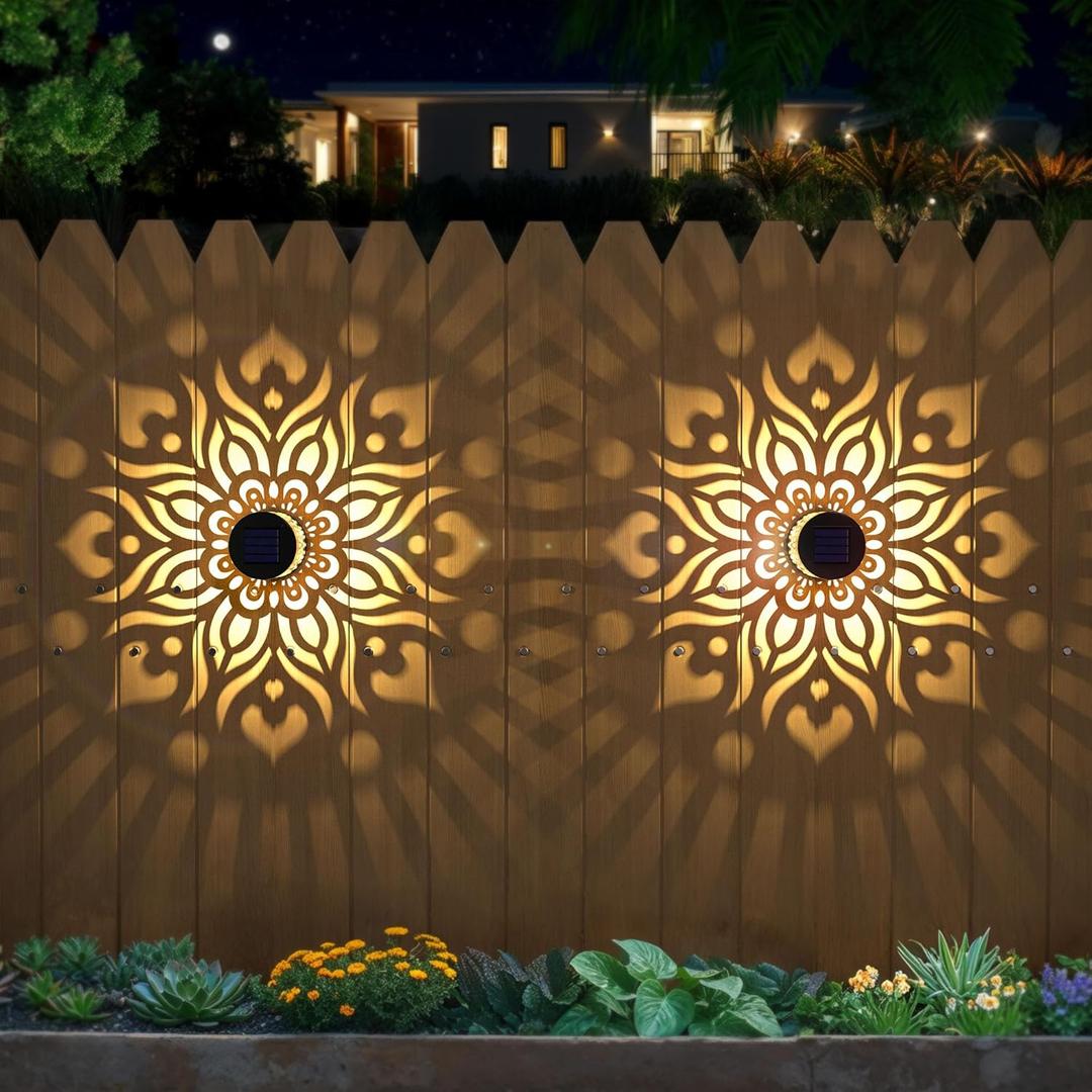 2 Pack Solar Fence Lights Metal Solar Powered Outdoor Wall Deck Step Lights Mandala Theme Waterproof Fence Light for Garden Post Patio Backyard Yard Decor, Gardening Gifts for Women Mom Grandma