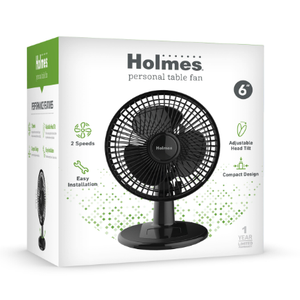 Holmes 6” Personal Table Fan – 2 Speeds, Compact, 15° Head Tilt, Wide-Angle Oscillation, Black