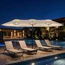 Tobeos 15ft Large Patio Umbrella with Solar Lights and Base, Double-Sided Outdoor Rectangle Umbrella with 48 LED Lights, Market Table Umbrellas with UV Resistant Canopy, Beige