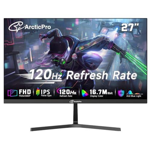 ArcticPro 27 inch Monitor 120Hz, FHD 1080p, Computer Monitor, IPS, 99% sRGB, 1ms Response Time, 3-Sided Frameless, Ultra Slim, VESA Mountable, Anti-Blue Light Design, HDMI & VGA Ports,Black