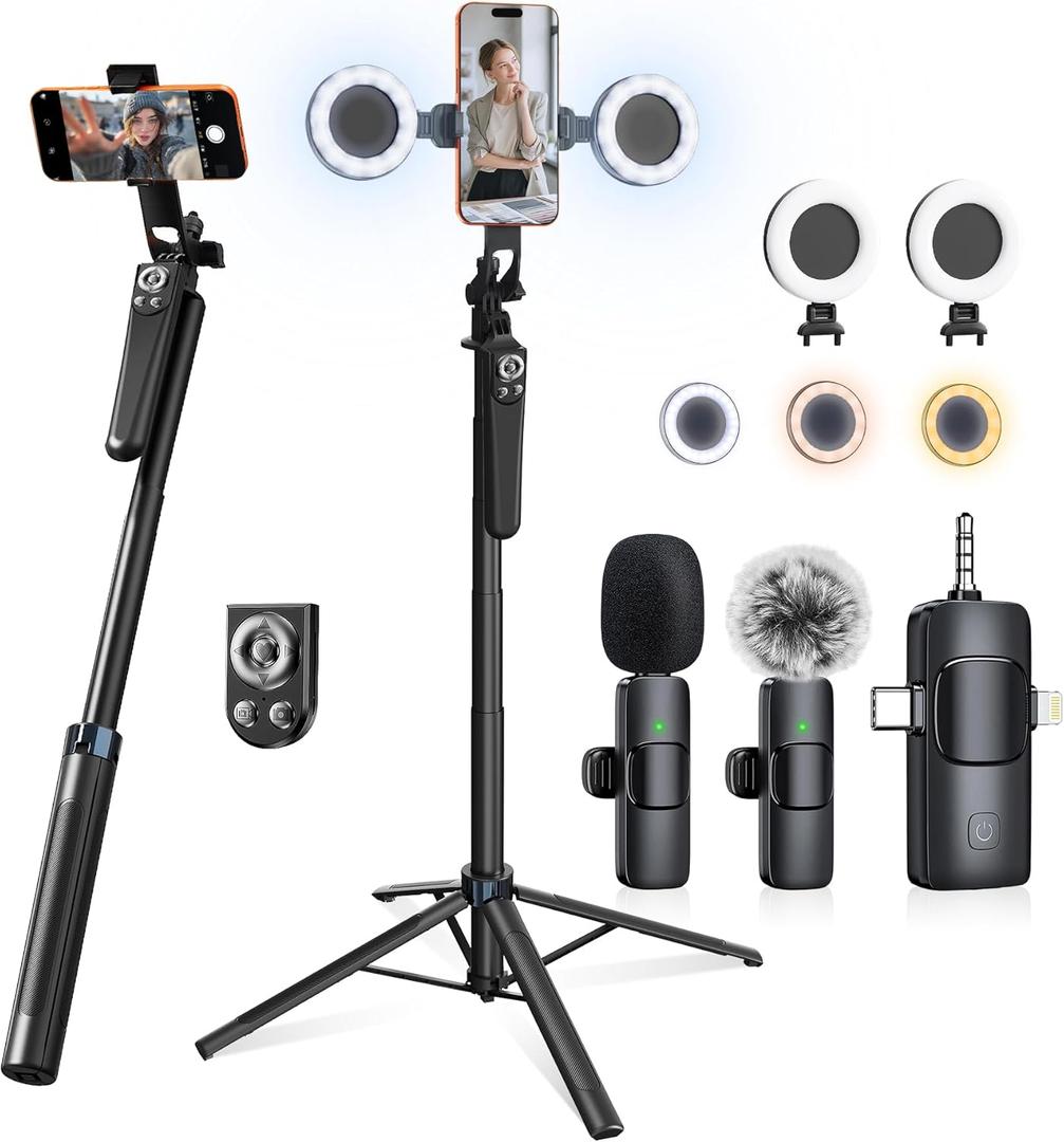 Content Creator Essentials Vlogging Kit for iPhone, 71" Tripod for iPhone Video Recording with Light, Wireless Microphones, Remote, Selfie Stick Phone Stand for TikTok, YouTube