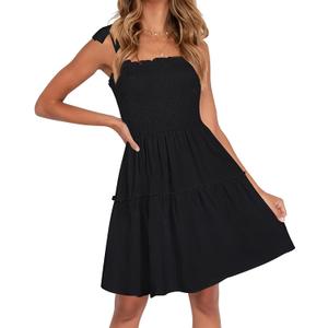 ZESICA Women's 2026 Summer Spaghetti Strap Sleeveless Square Neck Ruffle A Line Swing Mini Dress (Black, M)