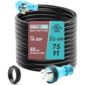 CircleCord UL Listed 50 Amp 75 Feet RV/Generator Cord with Locking Connector, Heavy Duty 6/3+8/1 Gauge STW Wire, 14-50P Male and SS2-50R Twist Locking Female for RV Camper and Generator to House