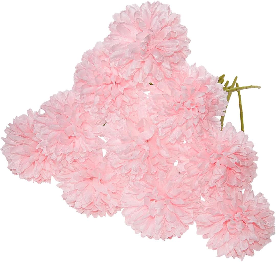 Fake Chrysanthemum Flowers Bulk, 10 Pcs Artificial Chrysanthemums Ball Flowers with Glue for Home Office, Wedding Bouquets, Garden Party, 10.6 Inch (Light Pink)